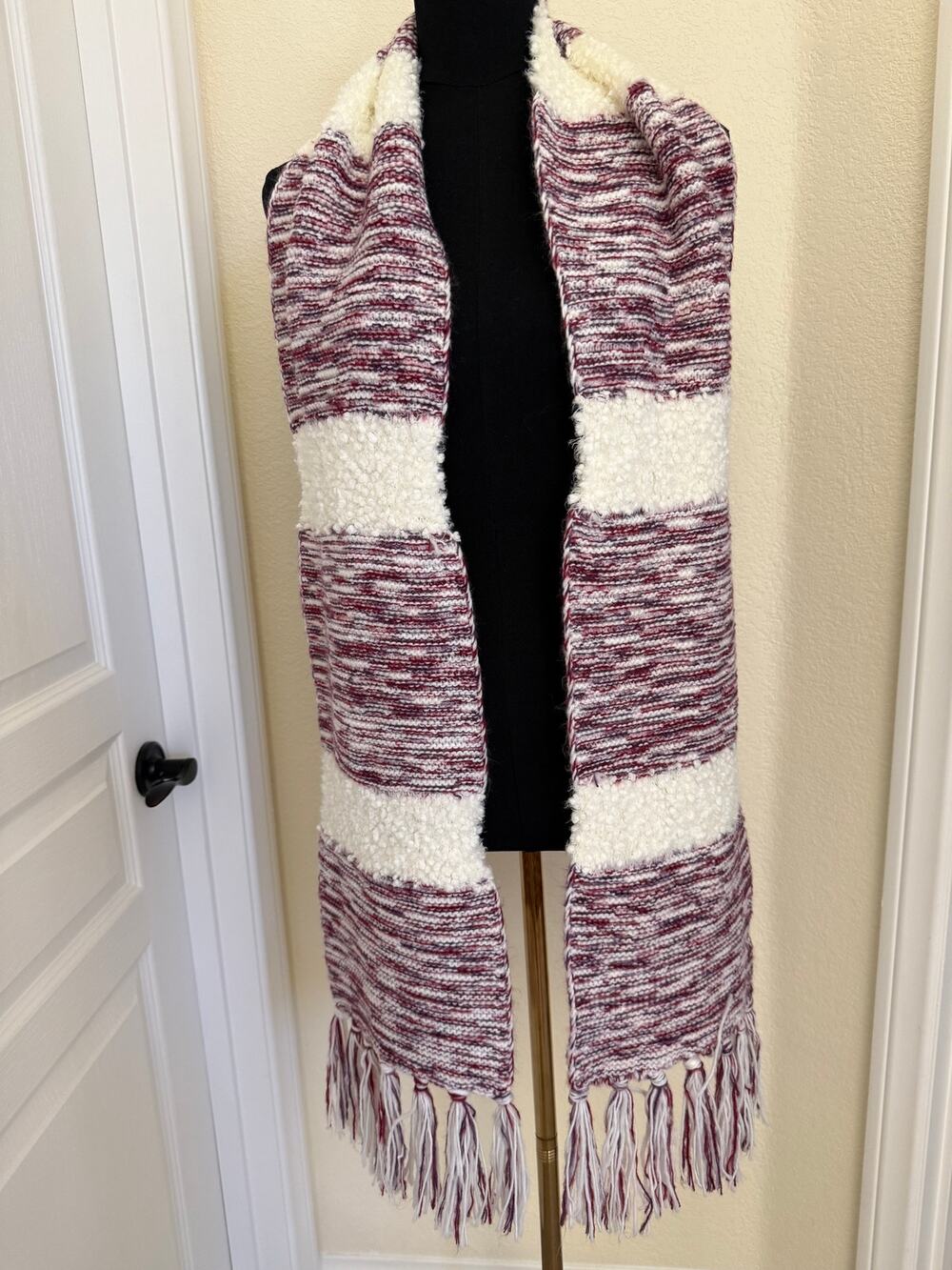 Burgundy Marled Knit Striped Scarf with Textured Cream Panels and Fringe